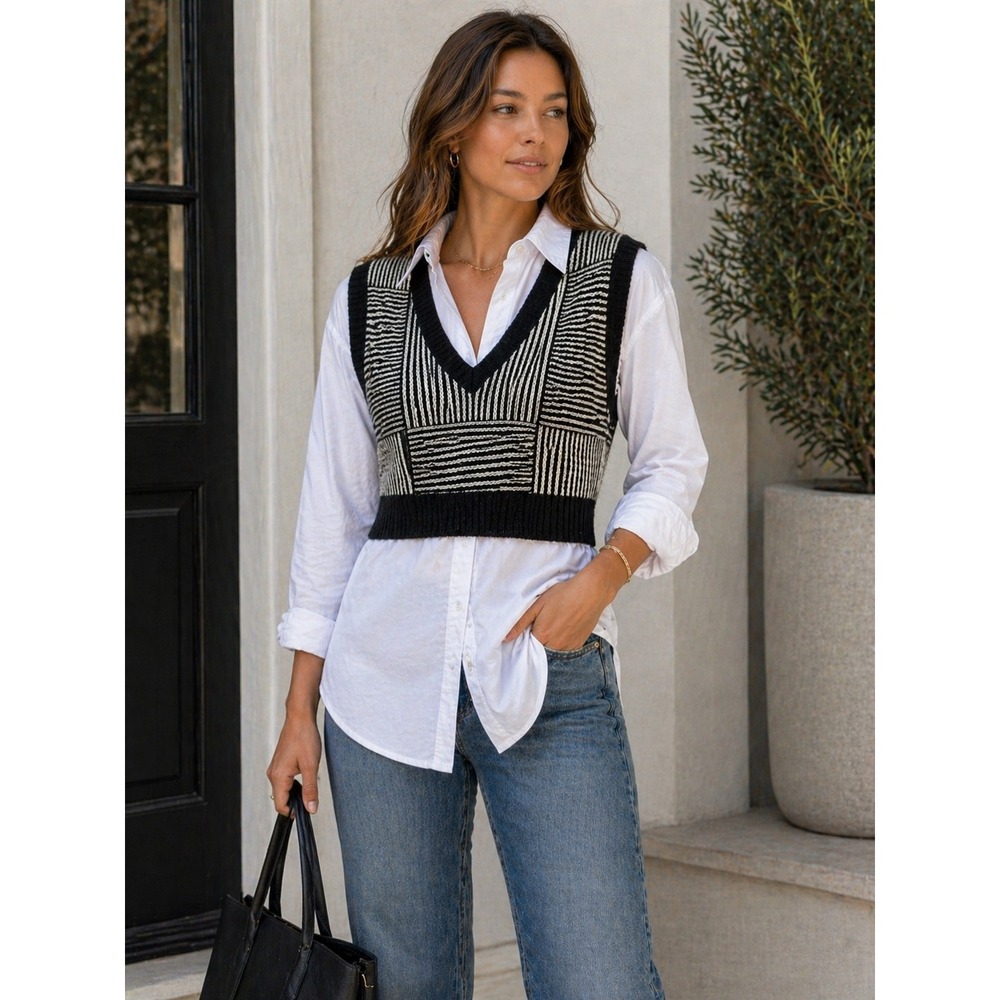 SHEIN Black White Geometric Patchwork Knit Sweater Vest V-Neck Striped Small